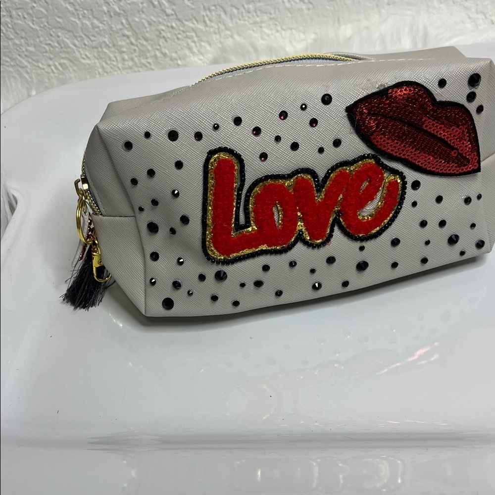 Stylish Grey, Black & Red Crystal Embellished Makeup bag